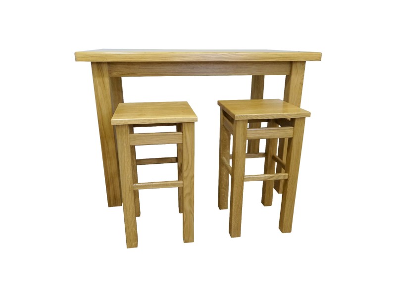 Zestaw mebli dębowych stół 100 x 60 h 74 oraz 2 taborety proste 30 x 30 h 46 kolor drewno dębowe lakier naturalny.