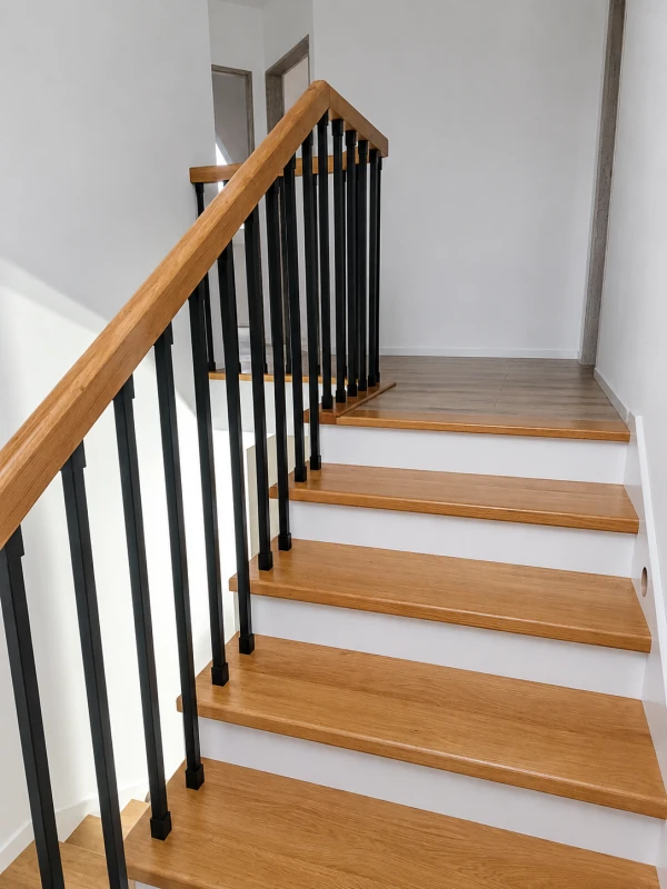 Dwukolorowe schody Dębowe z czarną balustradą