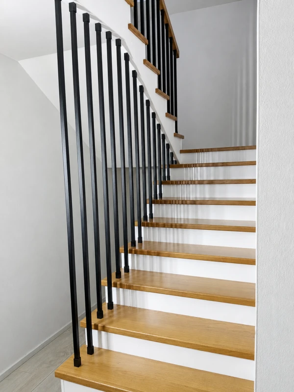 Dwukolorowe schody Dębowe z czarną balustradą