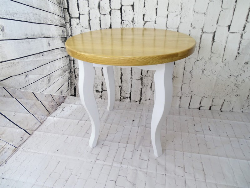 Stół okrągły fi 80 blat drewno dębowe kolor lakier naturalny, stelaż drewno bukowe kolor biały lity ciepły.