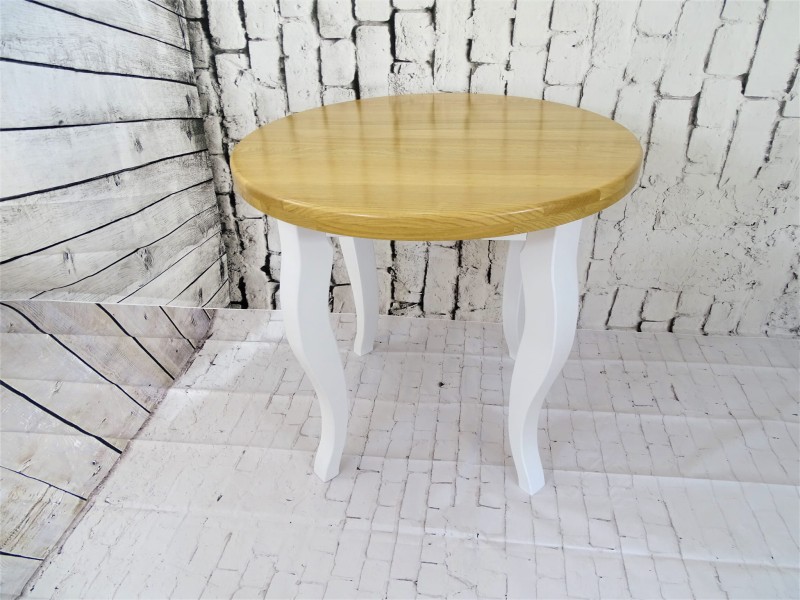 Stół okrągły fi 80 blat drewno dębowe kolor lakier naturalny, stelaż drewno bukowe kolor biały lity ciepły.