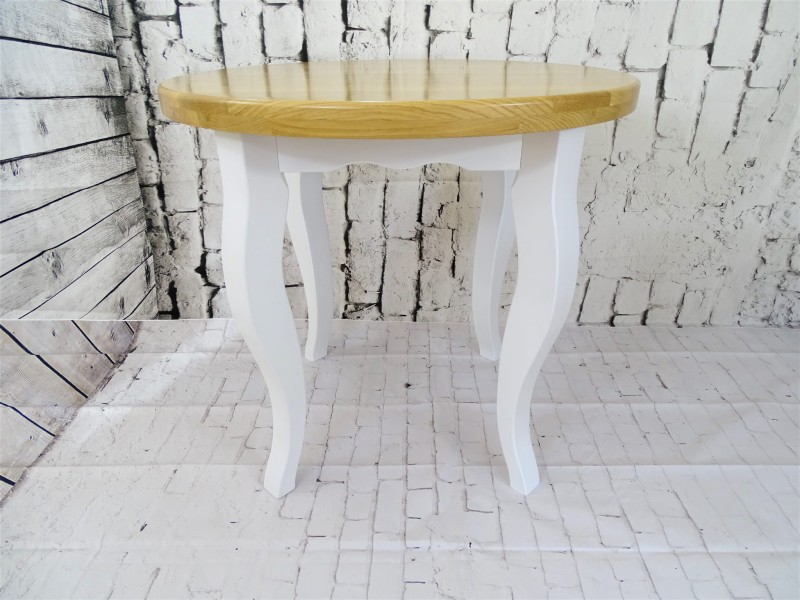 Stół okrągły fi 80 blat drewno dębowe kolor lakier naturalny, stelaż drewno bukowe kolor biały lity ciepły.