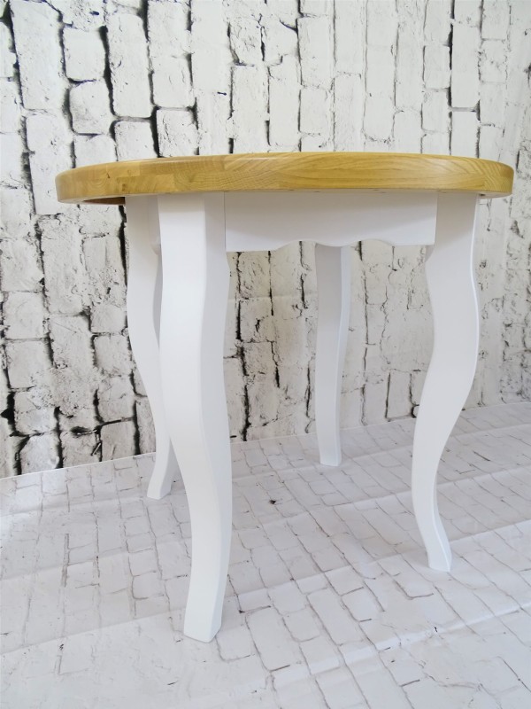 Stół okrągły fi 80 blat drewno dębowe kolor lakier naturalny, stelaż drewno bukowe kolor biały lity ciepły.