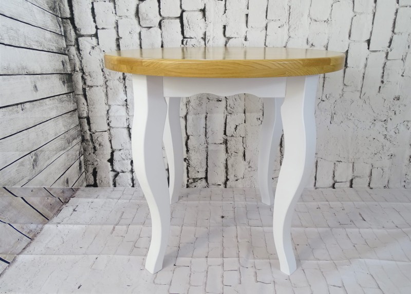 Stół okrągły fi 80 blat drewno dębowe kolor lakier naturalny, stelaż drewno bukowe kolor biały lity ciepły.