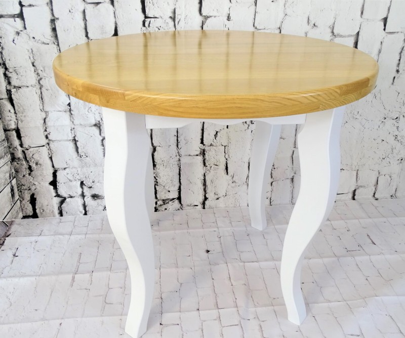 Stół okrągły fi 80 blat drewno dębowe kolor lakier naturalny, stelaż drewno bukowe kolor biały lity ciepły.